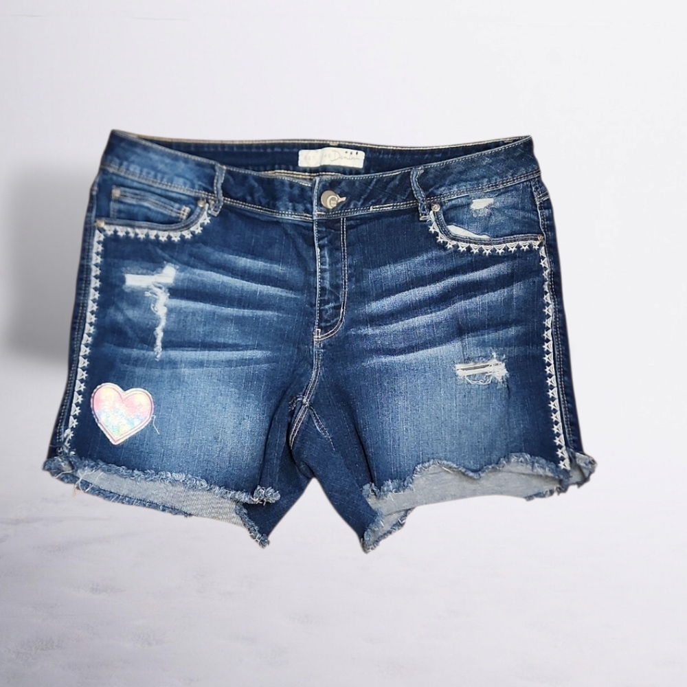 Womenβs Dark Blue Distressed Jean Shorts with Heart Patch